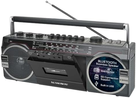 AudioBox RXC-25BT Retrobox 2 Way Speaker System Boombox w/Bluetooth Connectivity, AM/FM/SW, USB and SD Card Connection, & Cassette Player, Black