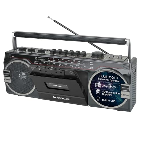 Image of AudioBox RXC-25BT Retrobox 2 Way Speaker System Boombox w /Bluetooth Connectivity, AM /FM /SW, USB and SD Card Connection, & Cassette Player, Black | MP3 Playback, USB & SD Card Support, 3.5mm Jack, Built-In Boombox Speaker, Cassette Player, Stereo Sound, Portable Design