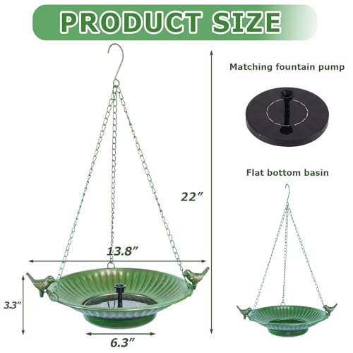 Image of 13 inch Hanging Bird Bath with Solar Fountain,Metal Solar Bird Bath (Green) | Hanging Solar Bird Bath,Birdbath Bubbler ,Hanging Bird Bath for Outdoors Garden, Patio & Yard.