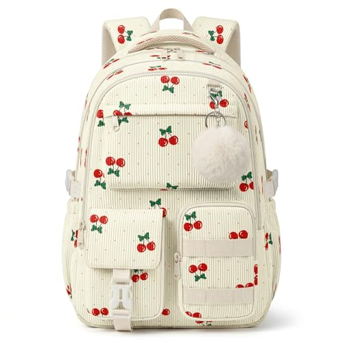 shiprabags Corduroy Backpack for Teen Girls Aesthetic Cute Cherry School Backpack with Multi-Pocket Lightweight Bookbag Fits 15.6 Inch Laptop Large Capacity Casual Daypack for School Travel