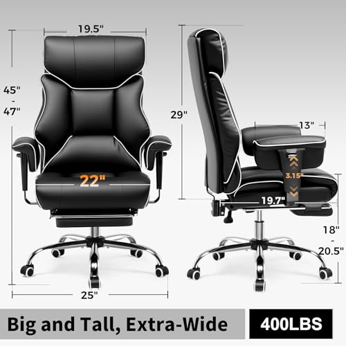 COMHOMA Big and Tall Office Chair 400lbs High Back Gaming Chair with Ergonomic Lumbar Support & Pocket Spring Cushion for Lower Back Pain Relief, Leather Executive Chair with Foot Rest, White/Black