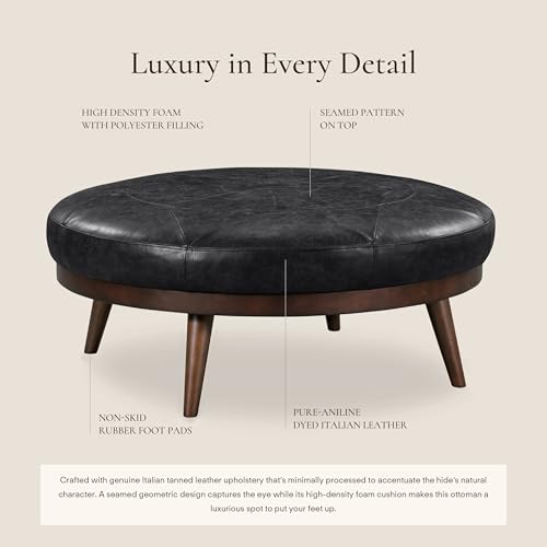 Image of POLY & BARK Gio Ottoman - 30 inch Round with Feather-Down Topper - Full-Grain Leather Upholstery - Couch Ottoman for Living Room - Italian Leather in Onyx Black
