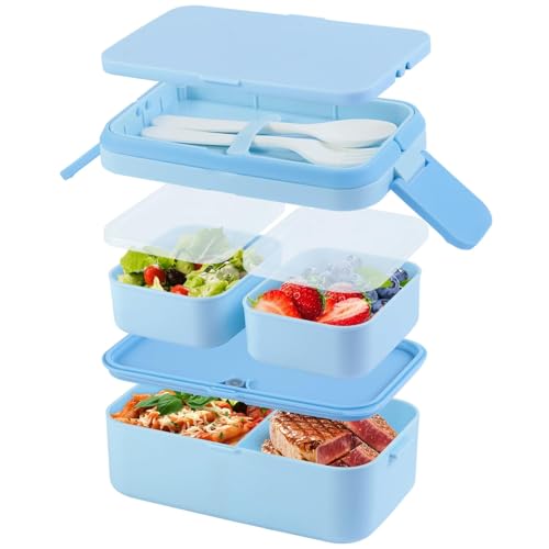 SGAONSN Lonchera de 1780 ml con 3 compartimentos, caja de cubiertos y salsas, apta para microondas, lonchera Bento de 2 capas para adultos y niños, ideal para el trabajo, la escuela y sobre la marcha