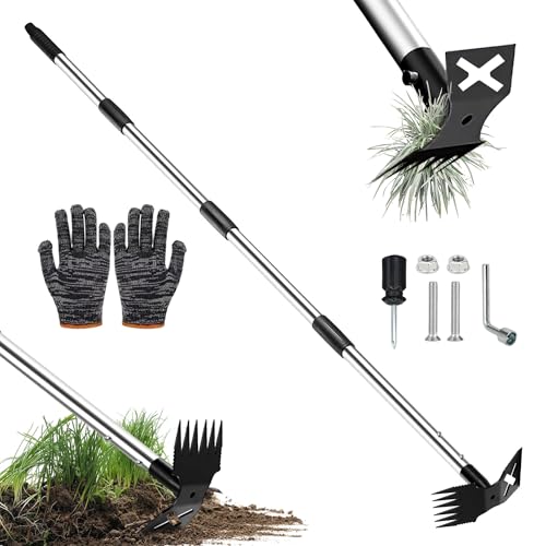 Manyugo Weed Puller Tool with Long Handle 150cm Garden Yard Lawn Patio Weed Remover Tool 6 Tooth Garden Hoe Weeding Rake 2 in 1 Manual Heavy Duty Garden Tools for Gardening