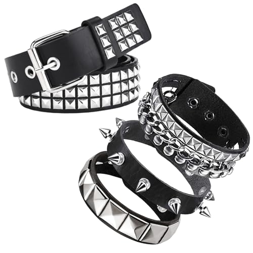 MHYMX Y2K Gürtel, Nietengürtel mit 3 Nietenarmband Schwarz PU Ledergürtel Glitzer Gürtel Set Nieten Punk Gothic Schmuck Accessoires für Damen Herren
