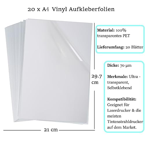 FOLANDO Papier do naklejek do zadrukowania, 20 arkuszy winylowej folii samoprzylepnej, 100% przezroczysta, do drukarek laserowych i atramentowych, szybkoschnący, przezroczysty papier do zadrukowania