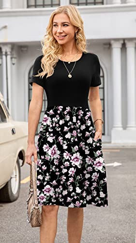 Image of DB MOON Women Summer Casual Short Sleeve Dresses Empire Waist Dress with Pockets