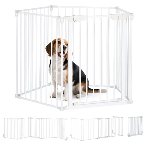 PawHut Recinto Cancelletto per Cani Regolabile e Pieghevole con Chiusura Automatica e Sistema di Blocco, Cancello per Cani in Metallo e Plastica, 300x74.5 cm, Bianco