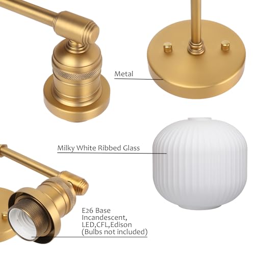 Image of Pathson 2 Lights Milk White Globe Wall Sconce, Hardwired Antique Double Sconce for Living Room Home Decor, Striped Glass Bathroom Vanity Light, E26 Bulb Base