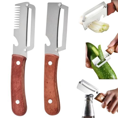 KASESSS 2Piezas Pelador Multifuncional, 3 en 1 Pelador Patatas, Peladors de Verduras Multifuncional Acero Inoxidable Cuchillo Peladors con Abridor de Botellas Cortar Cebolleta Cocina Familiar Acampada