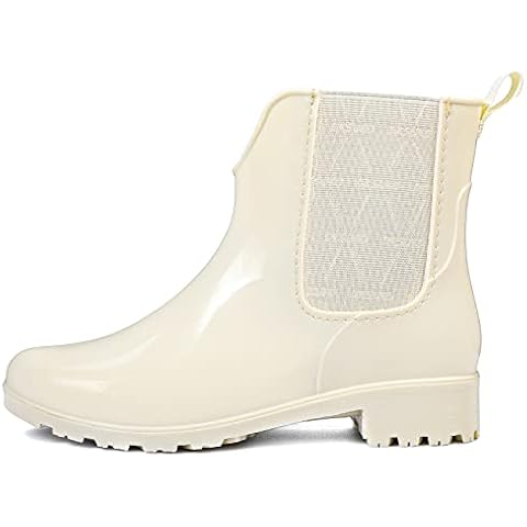 DKSUKO Rain Boots for Women Waterproof Elastic Slip On Ankle Chelsea Booties Garden Rain Shoes (7 B(M) US, Off White) Cover