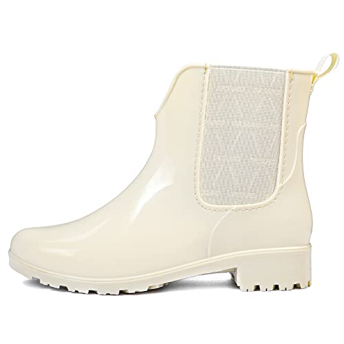 Dksuko Rain Boots For Women Waterproof Elastic Slip On Ankle Chelsea Booties Garden Rain Shoes (8.5 B(M) Us, Off White) #TOP29
