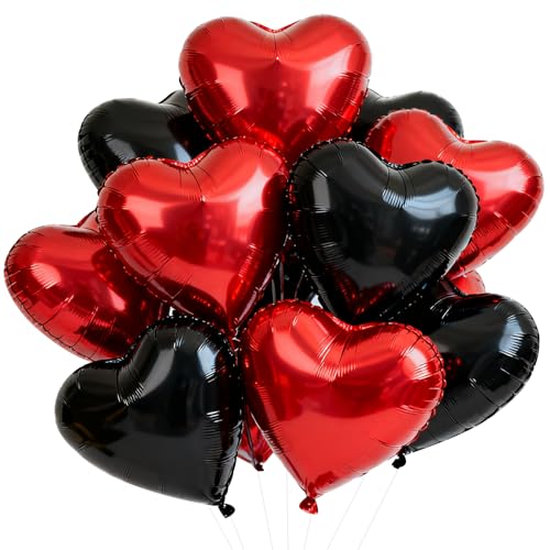 TONIFUL 30 Pcs Red Black Heart Balloons 18 Inch Heart Shape Foil Balloon