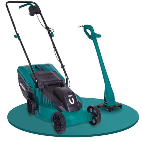 VONROC Rasenmäher Elektro mit Kabel | 1300W - 32cm Schnittbreite - einstellbare Schnitthöhe 30-70MM | Elektrischer Sichelmäher für kleine bis mittelgroße Flächen -Inlusive Trimmer Set