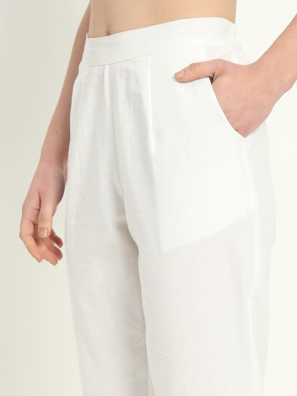 Image of Women's Solid Straight Fit 100% Cotton Trousers | High Waist, Side Pockets, Ankle Length Pants for Office, Casual