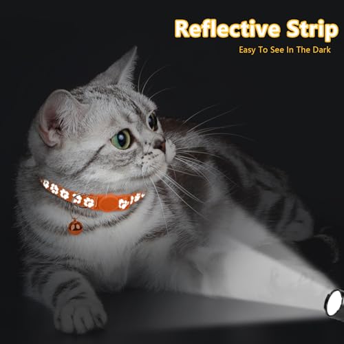 Image of Taglory Reflective Cat Collar Breakaway with Bell, High Visibility Night Strip, Lightweight Adjustable Nylon Collar for Boy Girl Cats, 2 Pack, 7.5-12.5 Inch, Orange