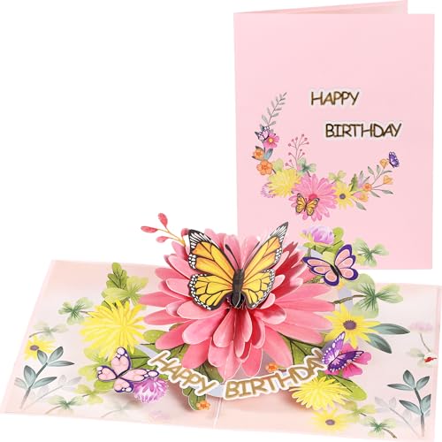 Pop Up Birthday Cards For Women&Wife, Beautiful Flowers and Monarch Butterfly, Elegant, Floral 3D Happy Birthday Greeting Cards, Ideal Gift for Mom, Sister, Her, Grandma, Aunt, Daughter, Stepmother