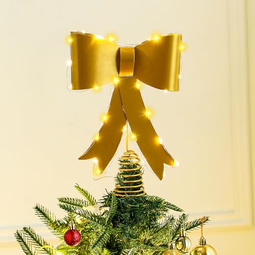 Gold Christmas Tree Topper Bow 10 x 12 Inches Large LED Metal Brass Bow Tree Topper Ornament with Clip Xmas Hanging Decor for Christmas Treetop Garland Wreath Decoration Home Outdoor Indoor