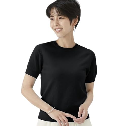 [Lサイズ]日本製 カシミヤ100% レディース クルーネック半袖 ブラック S〜Lサイズ