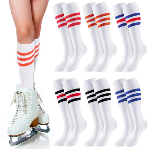 Shihanee 6 Pairs White Knee High Socks Striped Tube Socks Roller Skate Skating Soccer Athletic Sports Long Stockings Leg Warmer Gifts for 7-12 Year Girls Youth Kids Team Teens