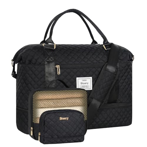 Stuery Weekender Bags for Women with Toiletry Bags: Large Overnight Bags Travel Duffel Bag Carry On Shoulder Weekend Tote with Shoe Compartment and Wet Pocket for Girls Airplane Traveling,Dark Black