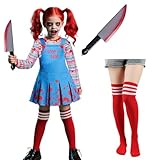Antsparty Chucky Costume, Halloween Creepy Doll Costume Set with Striped Tops Skirts Socks Stickers, Horror Evil Doll Costumes for Halloween Cosplay