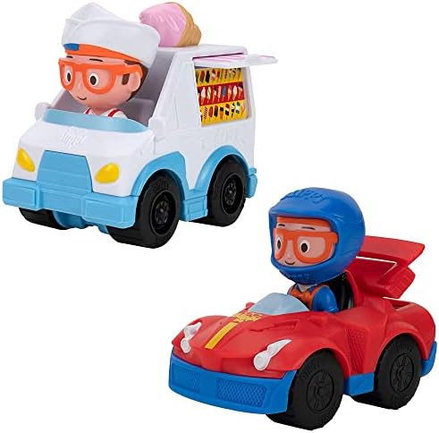 Blippi Mini Vehicle 2-Pack Bundle - Features Ice Cream Truck and Race Car, Each with a Toy Figure Seated Inside - Educational Vehicles for Toddlers and Young Kids