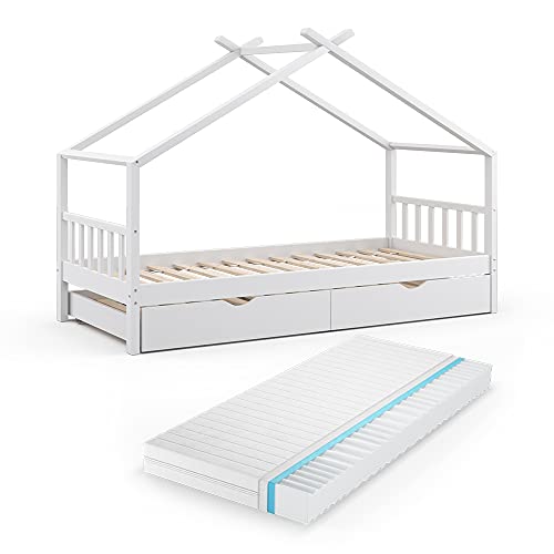 VitaliSpa Kinderbett Design Hausbett Gästebett Lattenrost 90x200 (Weiß + Matratze)