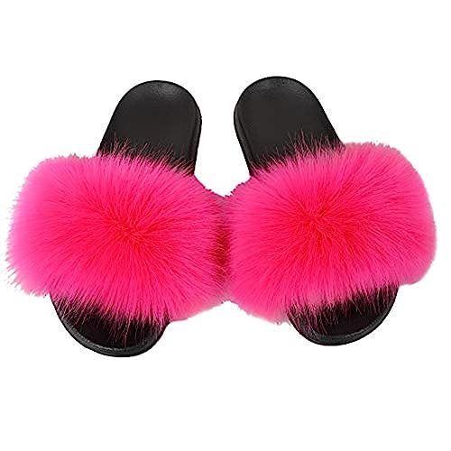 QMFUR Women's Vegan Faux Fur Slippers Fuzzy Slides Fluffy Sandals Open Toe Indoor Outdoor