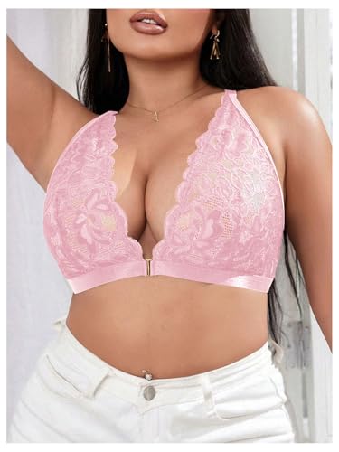 Image of MakeMeChic Women's Plus Size Lace Bralette Front Closure Bras Wireless Deep V Triangle Sexy Lace Bra