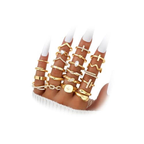 Dodder Gold Stackable Rings Set for Women, Gold Plated Chunky Cross Crystal Finger Midi Stacking Rings, Dainty Statement Thumb Knuckle Rings Pack for Gift, Multiple Sizes Jewelry
