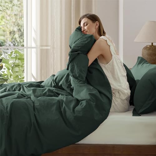 Bedsure 100% Washed Cotton Duvet Cover King Size - Forest Green Minimalist Cotton Duvet Cover Linen Like for All Seasons - GentleSoft™ Plain Simple Bedding (Forest Green, King, 104"x90")