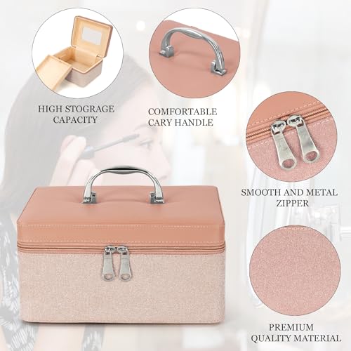 Image of FADAK Cosmetic Makeup for Beauty Case Wedding Makeup Brushes Pouch Tikli Organizer Travel Large Vanity Mirror Box Storage Bag Jewelry Bridal Box (Pink 02)