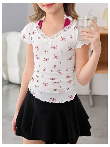 OYOANGLE Girl's Cute Ditsy Floral Short Sleeve Ribbed Knit T Shirt Tie Back Halter Ruched Tee Top4