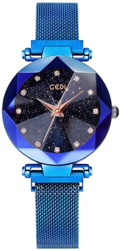 Montre pour femme à quartz ajustable avec son bracelet magnétique bleu