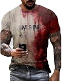 I'm Fine Blood Shirt Men Funny Halloween Bloody Horror Tshirts Blood Splatter Stain Casual Tee Scary Movie Tops (Beige L)