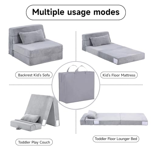 Image of Tiita Convertible Folding Kids Sofa Bed with Pillow & Storage Bag, Plush Fabric Floor Mattress Couch Bed, Washable Cover, Kids Room, Playroom, Dorm, Apartment, White Grey