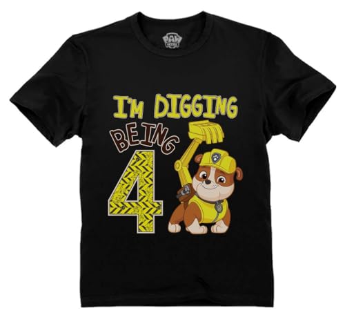 Paw Patrol Rubble Digging Being 4 T-Shirt for Toddler Boys - 4th Birthday Outfit with Construction Bulldozer Theme