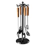 MAYZOLOP Kitchen Countertop Utensil Holder, Stainless Steel Rotatable Cooking Utensils Holder with 8 Rotating Hooks, Hanging Organizer for Spoon, Spatula, Black