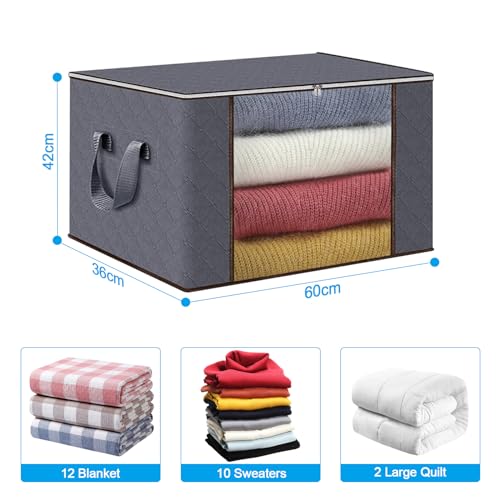 Lot de 6 Sac Rangement Vetement, 90L Caisse rangement Pliable, Conteneurs de Rangement pour Organiser Les Chambres, Armoires, Vêtements, Couettes, avec Couvercle et Poignée, Gris – Image 3