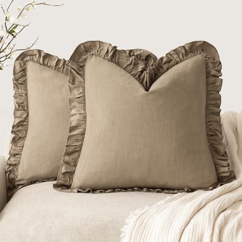 Image of Foindtower Set of 2 Decorative Soild Fringe Ruffle Throw Pillow Covers Soft Boho Farmhouse Cushion Cover Cozy Accent Retro Pillowcase for Couch Sofa Bed Living Room Home Decor,20x20 Inch,Light Brown