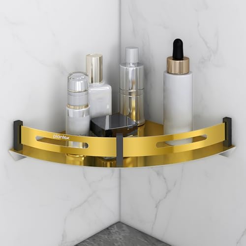 Image of Plantex Corner Shelf for Bathroom Wall Mount /Stainless Steel Bathroom Corner Shelf with Railings /Bathroom Accessories Holder for Wall (9x9 inches, PVD Gold & Black)