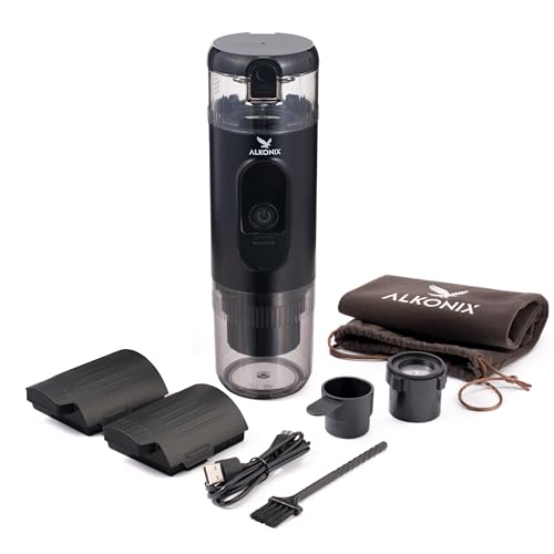 Alkonix - Cafetera portátil USB - Cafetera portátil portátil recargable con 2 baterías extraíbles - Compatible con cápsulas estándar y café molido (Negro)