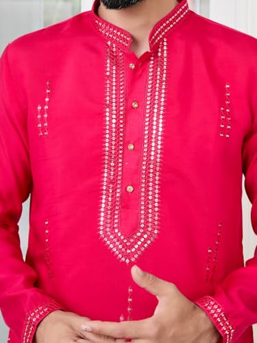 Image of See Designs Men's Full Sleeve Mandarin Collar Embroidered Thread Work Sequinned Rayon Straight Long Kurta - Festive Collection
