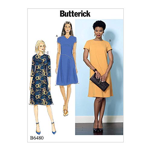Butterick Sewing Pattern B6480 Misses’ Fitted Dresses with Hip Detail, Neck and Sleeve Variations, E5 (14-16-18-20-22)