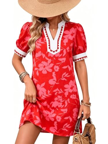 Image of Wkior Women's Summer Trim V Neck Mini Dresses with Pockets (S-XL) | Puff Short Sleeve, Trim Collar, Breathable Fabric, Lightweight Summer Clothes for Daily Wear, Sunset Beach Party