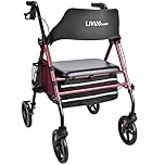 LIVINGbasics Folding Walker with Seat,4-Wheels Rollator with Under-Seat Storage Bag, Adjustable Handle Height, Locking Hand Brake, Supports up to 300 lbs, Red