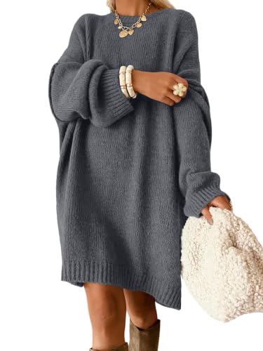 Trendy Queen Women’s Oversized Long Crew Neck Fall Sweater Dress Gray S