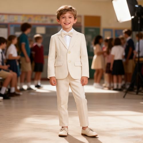 Image of LOLANTA Boys Suit Wedding Ring Bearer Outfit Kids Formal Wear Dress Clothes | Boy 3-Piece Plaid Suits, Sport Coat Blazer and Pants Set with Adjustable Bow Tie, Gentleman Birthday Party Graduation Outfits
