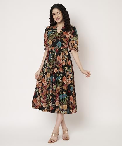 Image of PIDAVLIYA'S Women's Cotton Floral Printed Midi Dress | V-Neck Fit & Flare Dress with Puff Sleeves | Casual Summer Wear